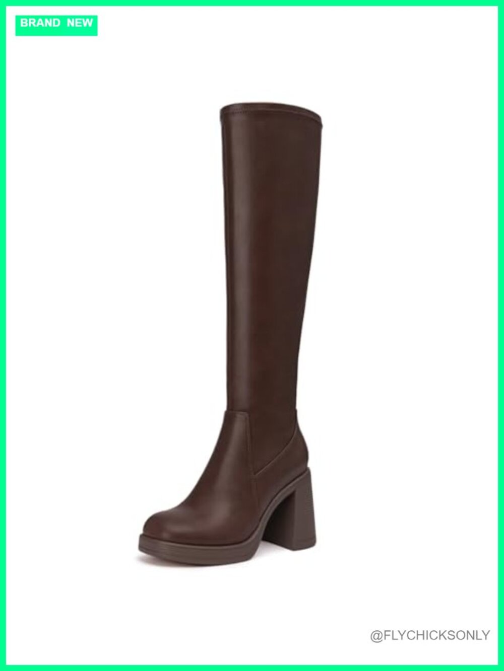Knee High Boots Faux Leather Chunky Platform Square Toe Side Zip Womens